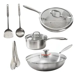 Titanium 6-Piece Kitchen Set Wok Fry Pan Sauce Pan Spatula Spoon Tongs Non-Coated Acid-Resistant Rustproof Ultra-Light Heat-Resistant Cookware for Everyday Home Cooking