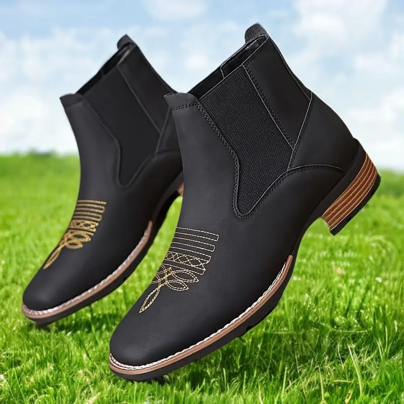 Men's Korean Version Embroidered Chelsea Boots - Casual Fashion Vintage Shoe with Slip-On Design, British Style Nod for Luckers Footwear Sports & Outdoor Dance Use, Walking Shoes, Embroidered Flair, Rubber, Korean Style Touch