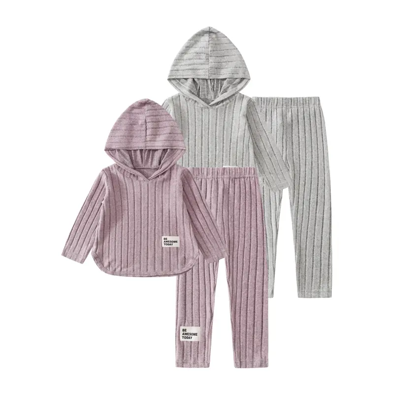 4-piece girls' autumn rib knit hooded pullover casual slim and comfortable trousers suit 3-12-year-old children's elegant skin-friendly simple knitted children's wear Summer Clothes Set Summer Clothing Set