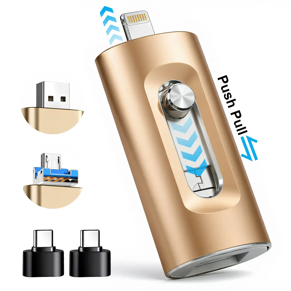 4-in-1 MFi Certified USB Flash Drive 64GB/128GB/256GB, OTG Memory Stick with Type-C Adapter, Portable Photo & File Storage for iPhone, iPad, Android & PC, USB External Storage Drive