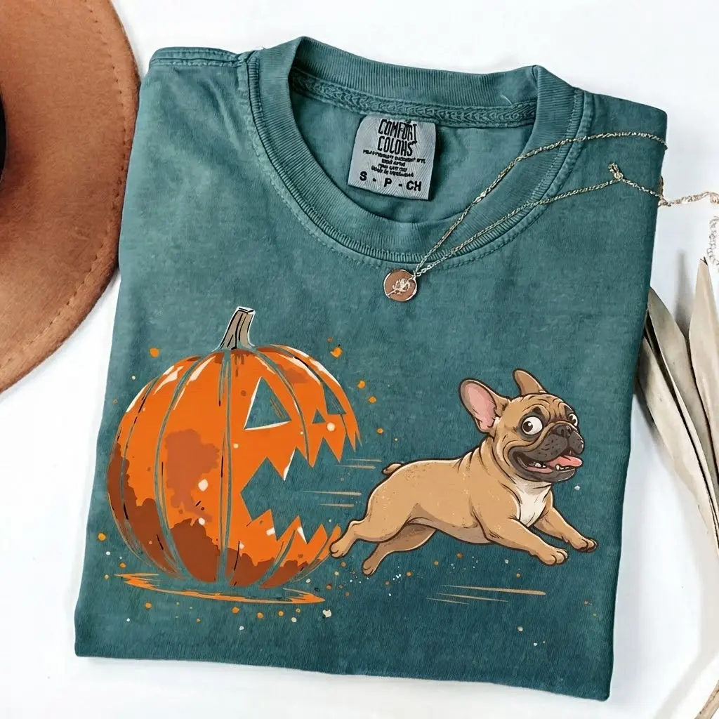Comfort Colors Frenchie Pumpkin Halloween T-Shirt, Funny French Bulldog Fall Graphic Tee for Dog Lovers