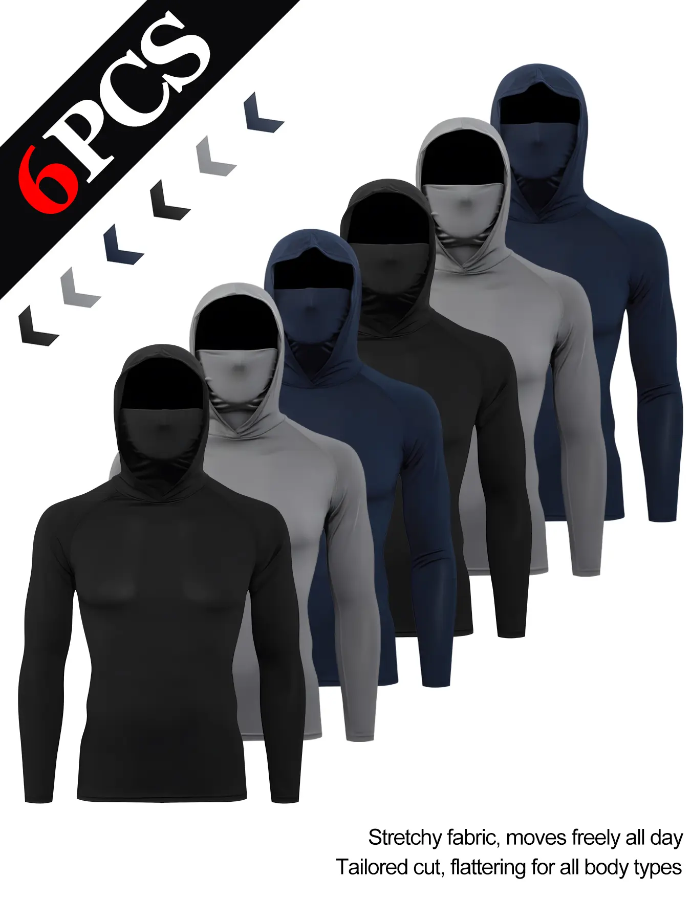 6-Pack Men's UPF 50+ Sun Protection Hoodie Shirts, Quick Dry Long Sleeve Workout Tops with Built-in Neck Gaiter, Breathable Compression Tees for Fishing & Training