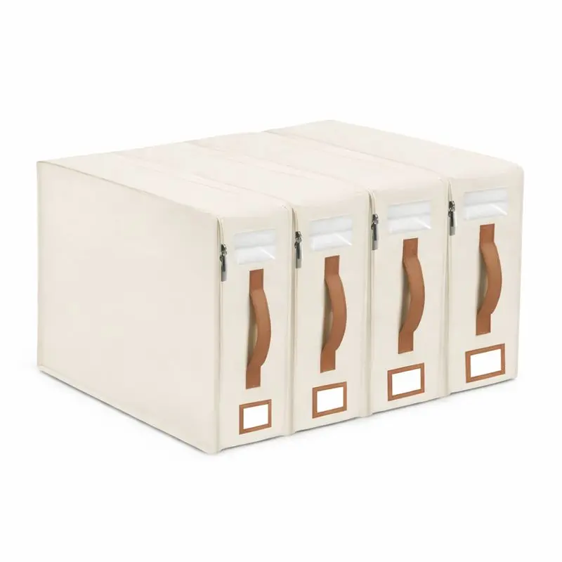 4-Pack Bed Sheet Organizer Set, Heavy-Duty Foldable Linen Closet Storage with Clear Window, Space-Saving Bedding Organizer for Sheets, Blankets & Towels (Beige)