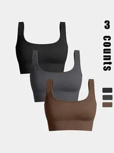 Women's Solid Ribbed Sports Bra, Breathable Comfortable Sports Vest, Ladies Sportswear for Indoor Outdoor Wear