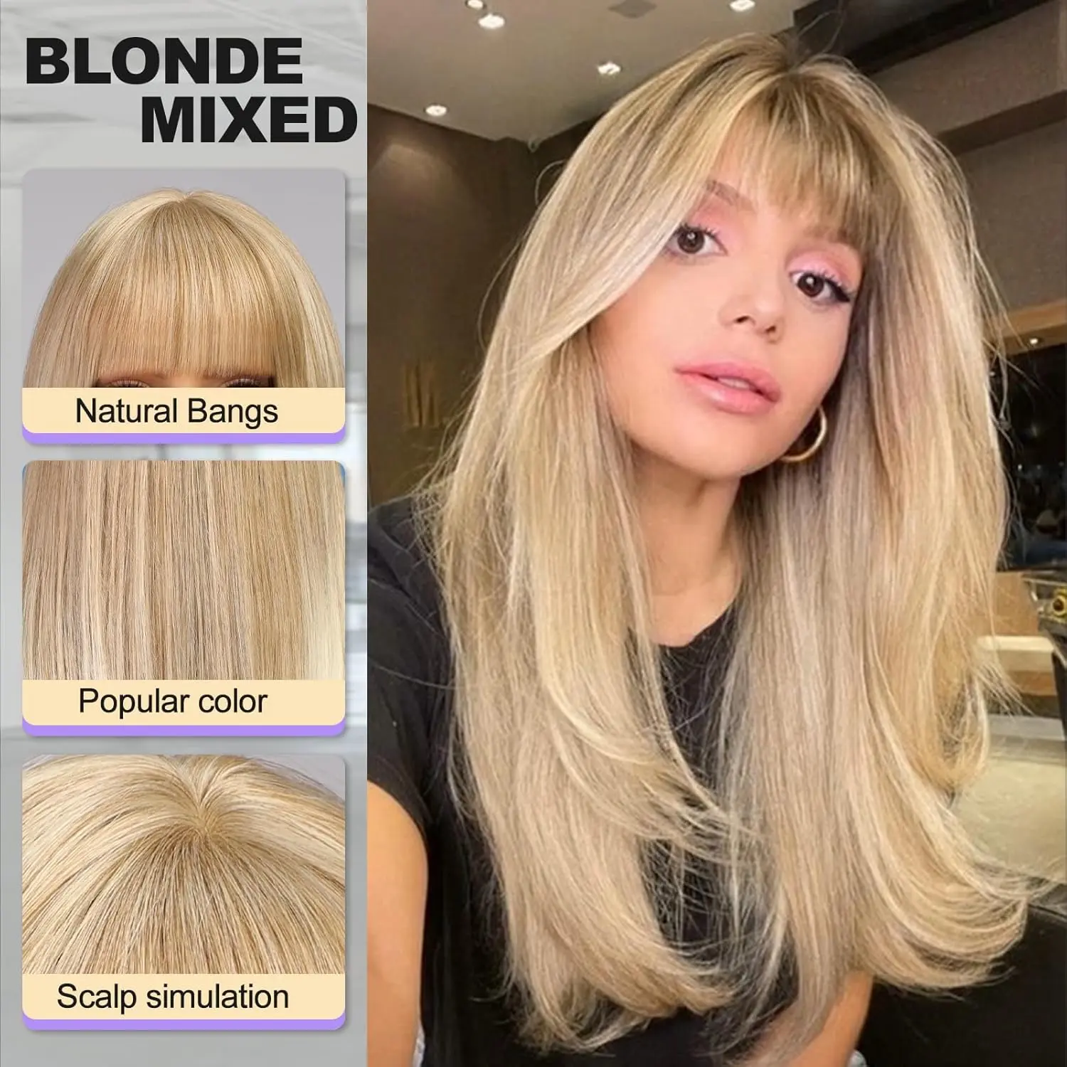 Women\'s Blonde Highligh Heat Resistant Middl Length Natural Layered Straight Wig Highlights Blonde Wigs for Women - Medium Length & Density main image 3