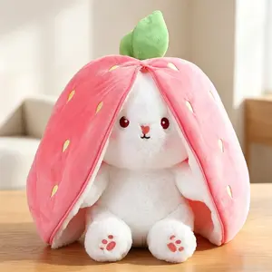 25cm Cute Strawberry Carrot Rabbit Plush Toy Cute Animal Design Stuffed Animal Creative Into Fruit Transform Baby Cuddly Bunny Doll for Kid Birthday Gift Stuffed Animal Gifts