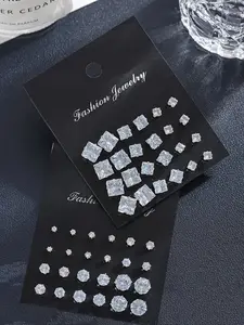 Unisex Punk Street Style Rhinestone Stud Earrings, 24 Pairs Temperament Geometric Design Stud Earrings, Trendy All-match & Exquisite Jewelry for Birthday Gift