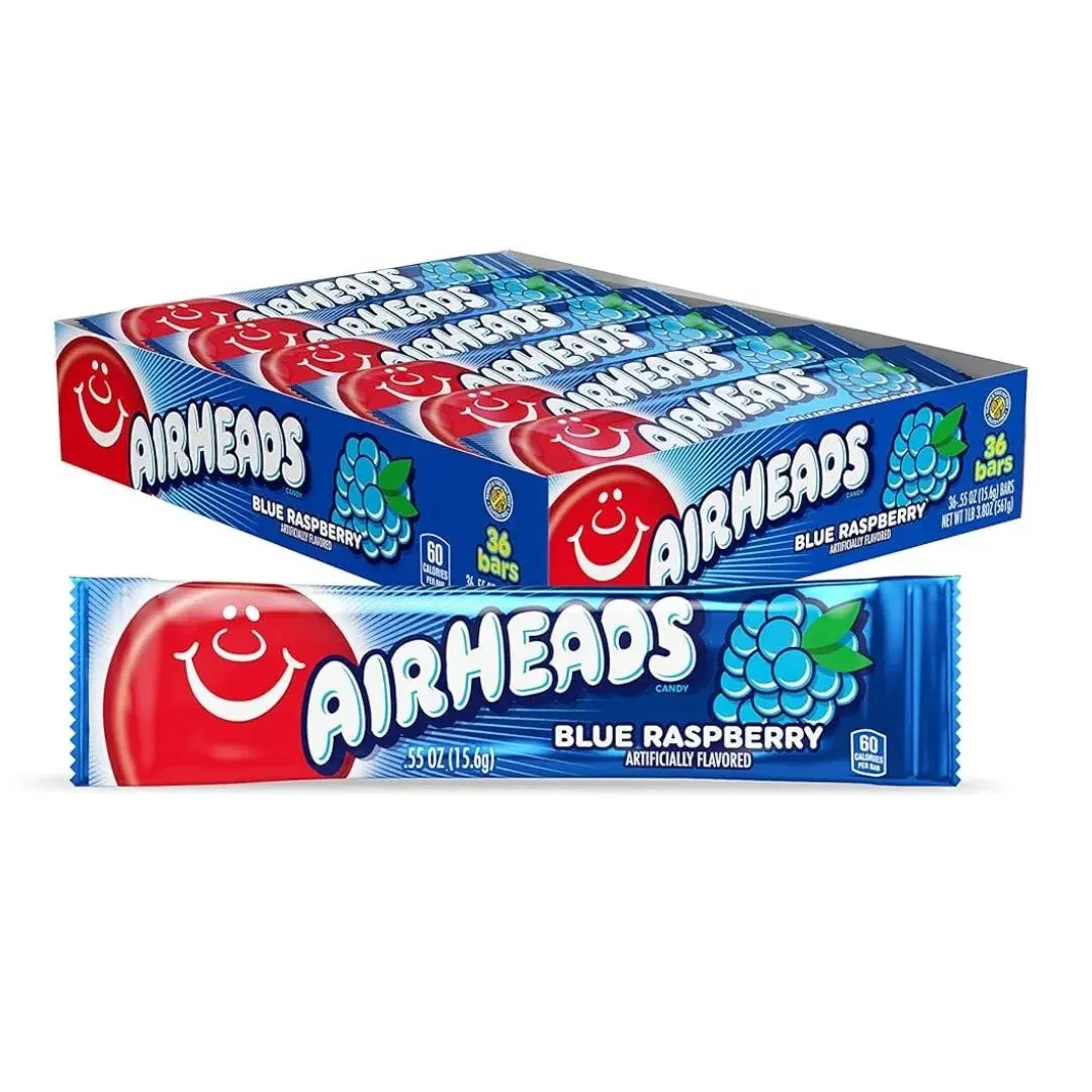 Airheads Blue Raspberry Fruity Flavor Candies, Individually Wrapped Full-Size Edible Taffy Bars, Non-Melting Party Snack Candies, 36-Count Pack, 0.03kg