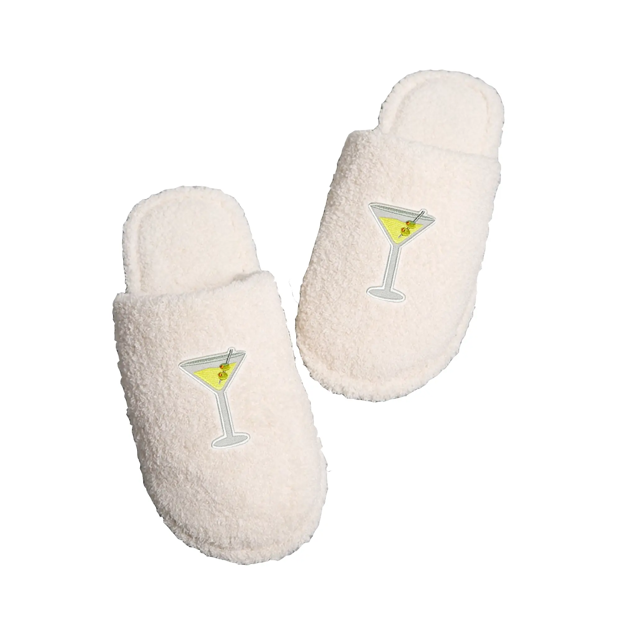 Ivory Sherpa Furry Martini Patch Slipers, Closed Toe or Open Toe House Shoes, Cozy Gift for Her, Martini Olive Glass Iron on Patch Slip Ons