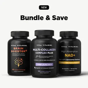 Vital Vitamins Age Defying Bundle - Multi-Collagen Plus with Biotin, Hyaluronic Acid, Vitamin C, Type I, II, III, V, X Collagen for Hair- Brain Booster Plus for Memory, Focus, Concentration, Neuro Energy, Clarity - NAD+ for Cellular Anti-Aging Support