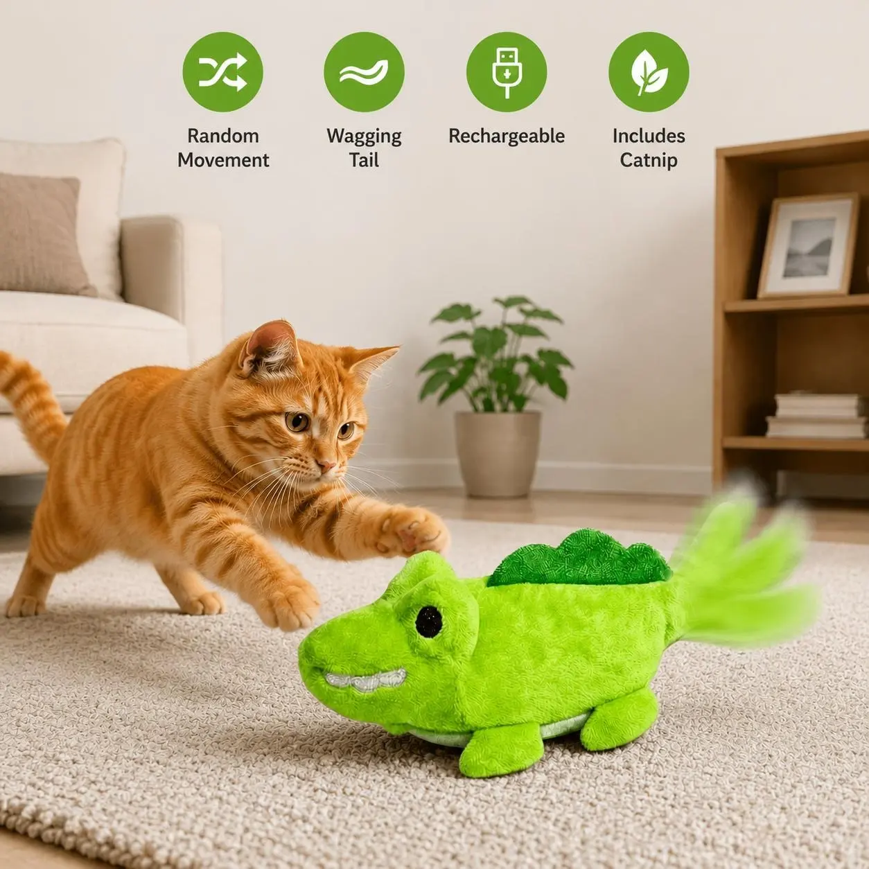 Interactive Cat Toys for Indoor Cats – Auto Moving Alligator, 360° Random Movement, Tail Wagging, Rechargeable Cat Exercise Toy with Catnip, Self-Play for Bored Adult Cats