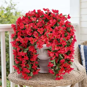 Faux Bougainvillea Artificial Flowers Plants for Outdoor Outside Decoration, 2 PCS Red Fake Flowers UV Resistant Look Real Silk Long Trailing Vines for Front Door Porch Planter Urn Patio Garden Yard