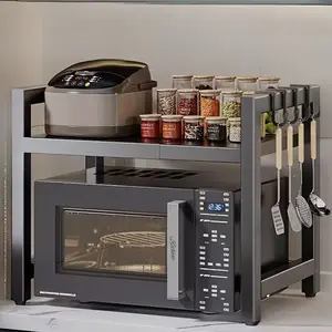 [Expandable Kitchen Rack] Expandable Kitchen Storage Rack, Suitable for Microwaves and Ovens | Black Metal Countertop Organizer with Open Shelving, Ideal for Storing Spices, Tableware, Cookware, and Appliances | Functional Kitchen Rack