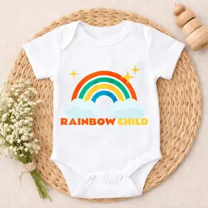 Cotton Baby Bodysuit Rainbow And Clouds Print 100% Pure Cotton Tag-Free Snap Closure Breathable Cute Print Perfect For Daily Wear