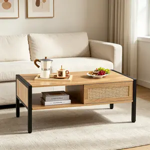 Natural Rattan Coffee Table with Sliding Storage Door & Metal Legs Modern Living Room Side Table