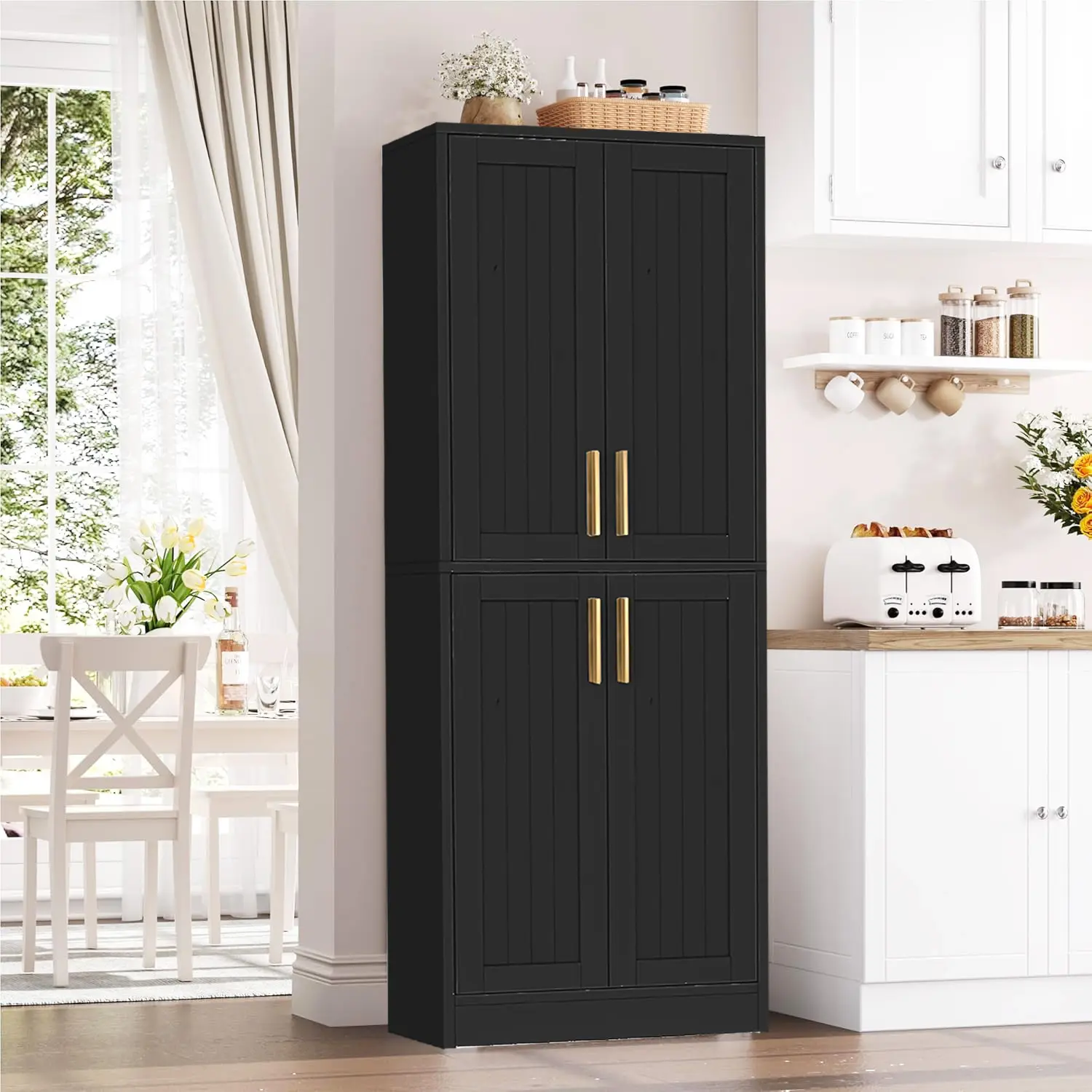 67" Tall Wooden Kitchen Pantry Storage Cabinet, Coffee Bar Cabinet With Microwave Stand, Kitchen Food Pantry Cabinet With 2 Adjustable Shelves And 4 Open Storage Cabinet, For Kitchen, Restaurant, Living Room