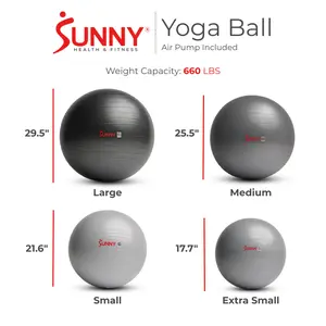 Sunny Health & Fitness Yoga Ball, Home Gym Workout Fitness, Core Balance & Stability Trainer, Anti-Burst, 660 lbs Capacity, Anti-Slip Odorless Material, Air Pump Included