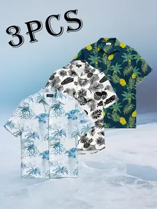 Men's casual multi-pattern short-sleeved shirts - 3 pieces, beach shirts, men's tropical shirts, men's summer shirts, beach shirts, tropical shirts, Hawaiian shirts, men's tropical shirts, men's Hawaiian printed shirts