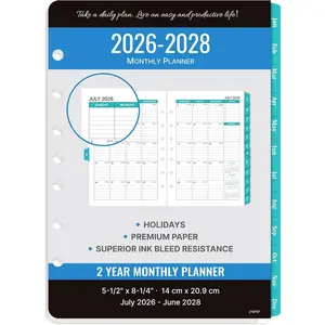 2026-2028 Monthly Planner Refill - Planner Inserts with 7-Hole Punched, 5-1/2" x 8-1/2", Runs from July 2026 to June 2028, Two Pages Per Month, Monthly Calendar with Monthly Tabs