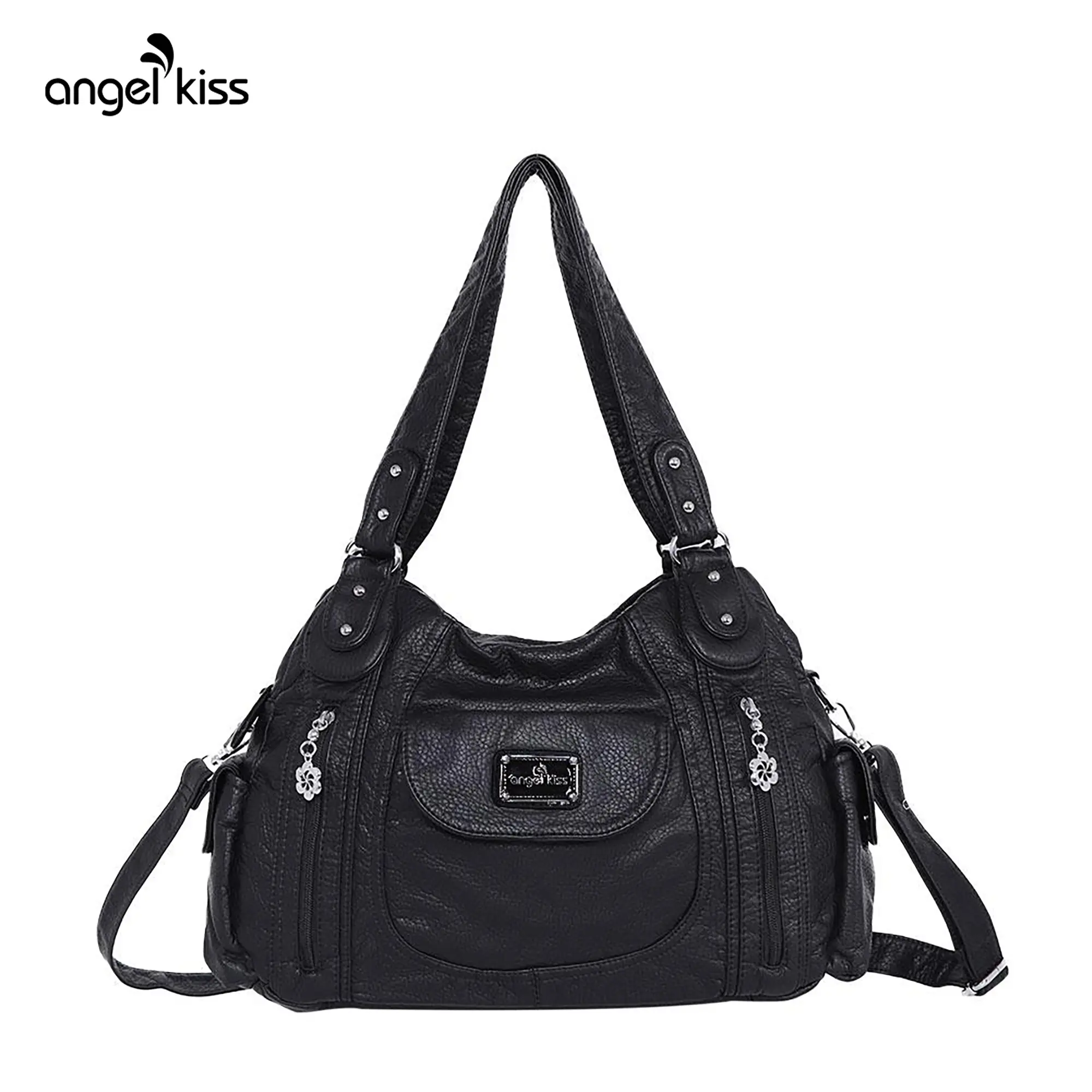 Angel Kiss Women's Large Faux Leather Multipocket Hobo Satchel(14.2" x 4.8" x 9.5") - Adjustable Strap Lightweight Convertible Shoulder Bag, Cross Body Bag, Handbag, Purse, Everyday Tote, Cross Body Bags