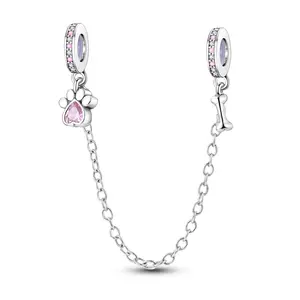 MULA 925 Silver-plated paw print and bone safety chain bracelet | Pink zircon pet lover jewelry | safe and stylish jewelry | suitable for pandora bracelets and necklaces | perfect gift for women and girls