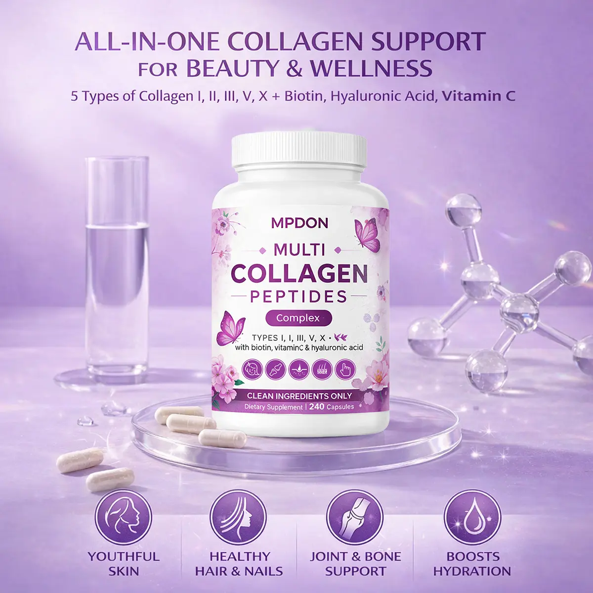 Multi Collagen Capsules for Women & Men, 240 Count | Types I, II, III, V, X | Hydrolyzed Peptides with Biotin, Hyaluronic Acid & Fat-Soluble Vitamin C Complex | Non-GMO, Filler-Free