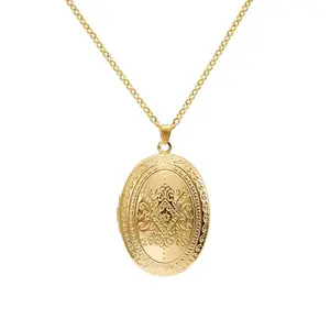 Vintage engraved flower locket picture pendant necklace with antique carved oval heart pattern for women, holds a keepsake/memorial
