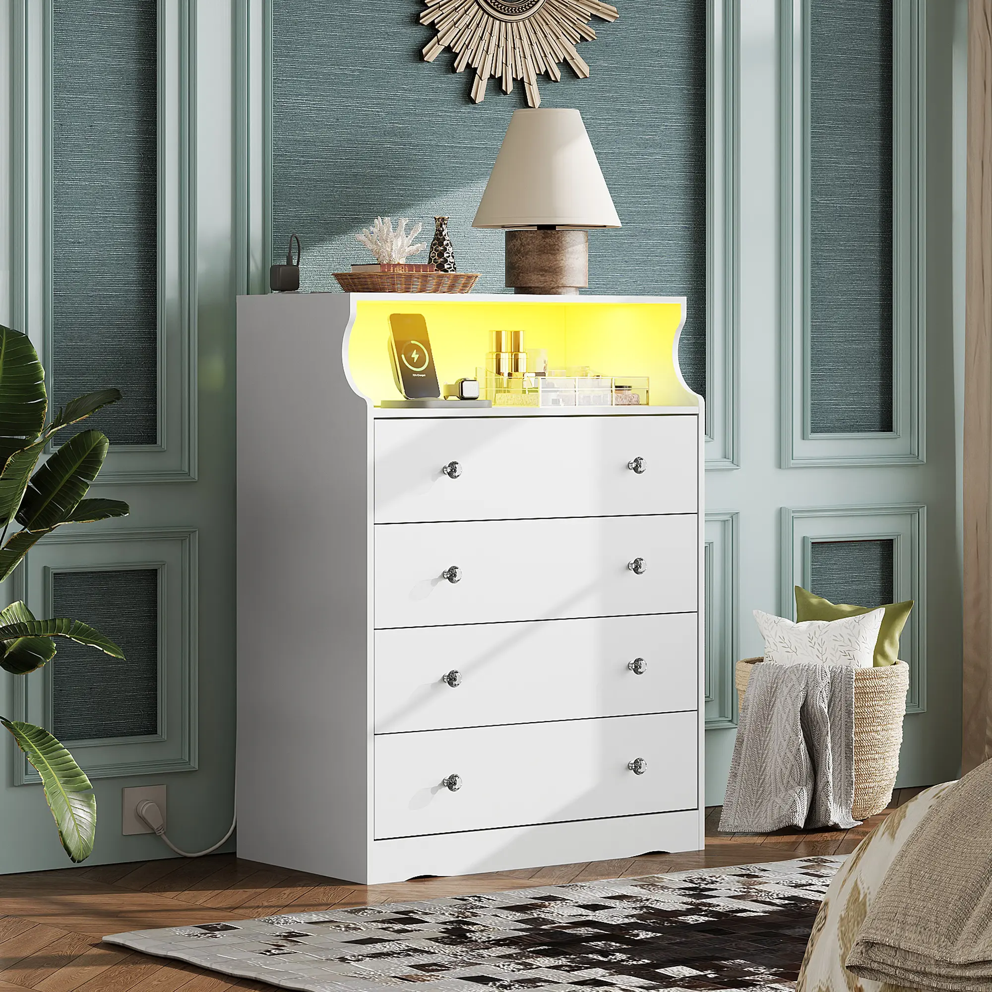 WLIVE LED Tall Wood Dresser - 4 Drawers, Open Shelf, 2 AC+2 USB Power Outlet, 38.07" Height Vertical Storage, Room Decor for Bedroom, Living Room - Labeled Parts Simplify Setup, Smooth Metal Rails Glide Easily, Labeled Parts Make Setup Simple
