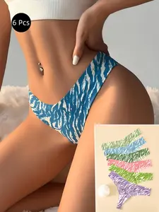 Women's Colorful Zebra Stripe Print High Cut Thong, Soft Comfy Breathable Seamless Panties for Daily Wear, Women's Underwear for All Seasons Womenswear