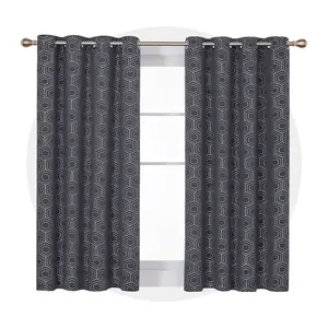 Silver Hexagon Blackout Curtains | White Ring Top | No Tiebacks