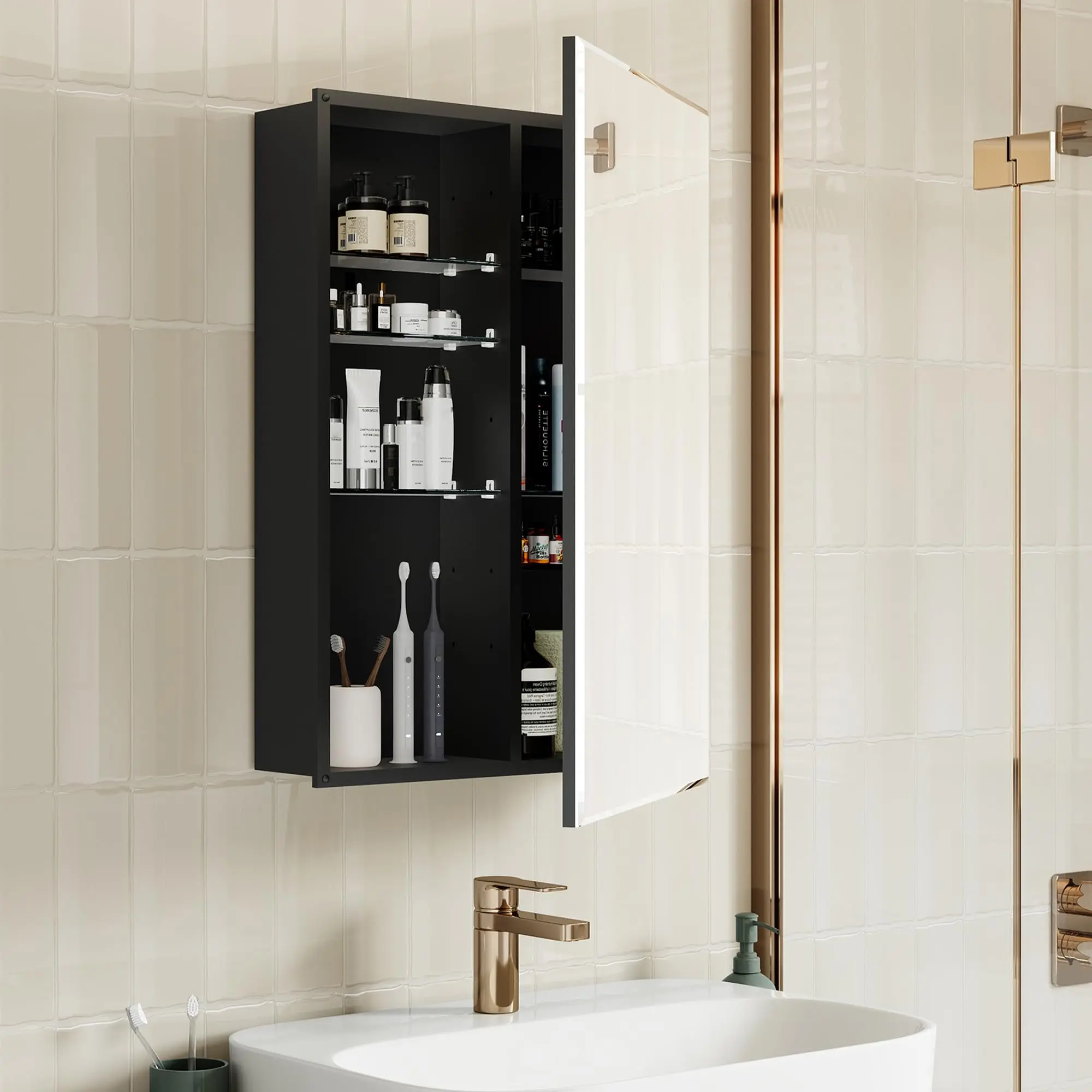 Recessed Medicine Cabinet for Bathroom with Mirror: Modern Frameless Wall Mount Mirrored Vanity Chest - 20 x 26 inch Small Storage Cabinet with Adjustable Shelves door mirror wall cabinet wine  cabinet