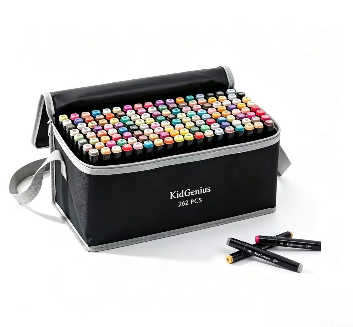 KIDGENIUS Multi-Surface Dual Tip Alcohol Markers (262/168/120 Count) - Permanent, Quick-Dry Fine & Broad Tip Mark Set with Carrying Pouch, Colorless Blender Pen, Art Supplies for Kids' Wood, Canvas, Glass Creation, Crafting Supplies, Art Marker Pens