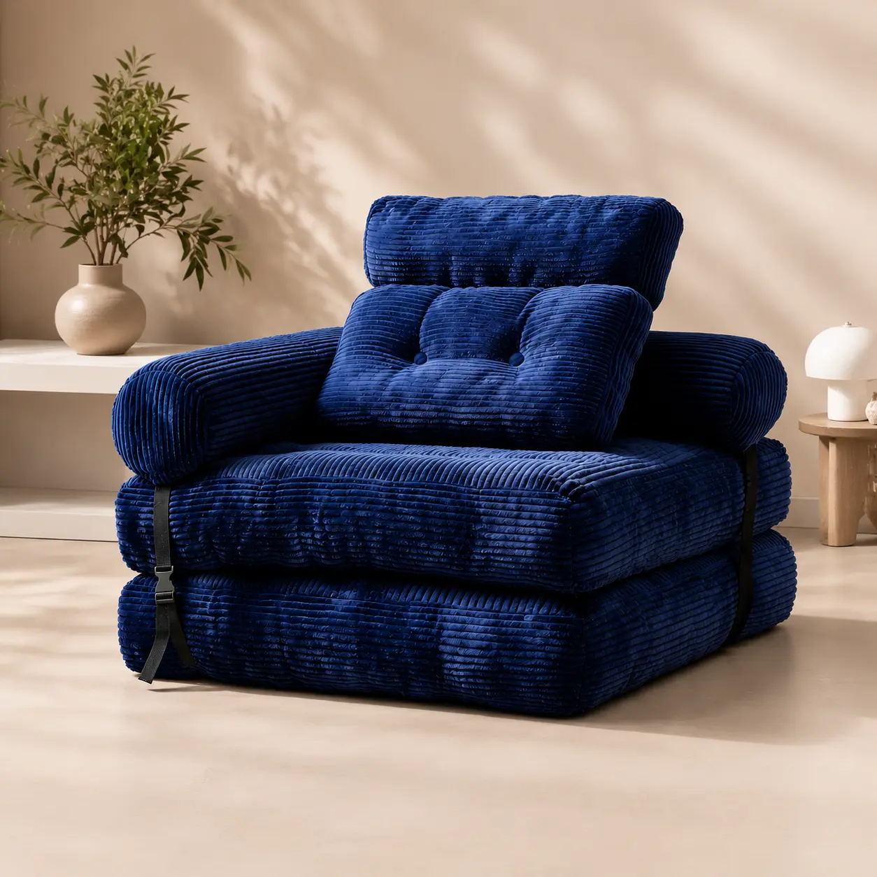 HYRORA TFK L-Shaped Folding Sofa Bed, Convertible Single Futon Sleeper Chair with High-Density Support Foam, 2 Pillows, Armrest, Carry Handle & Back Support for Small Spaces Living Room Office Blue couch
