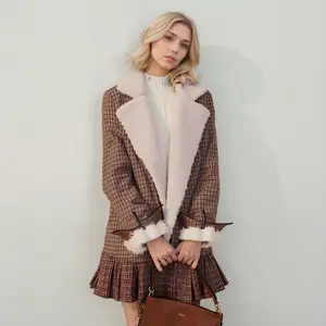 Women's Asymmetrical Zip Front Coat - Brown and Cream Polyester Jacket with Zipper Closure and Comfortable Fit Casual Formal