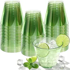 9 oz Clear Plastic Cups Green Plastic Disposable Cups for Cocktail 50 Pack Fancy Cocktail Cup for Party Stemless Wine Glasses for Wedding Graduation