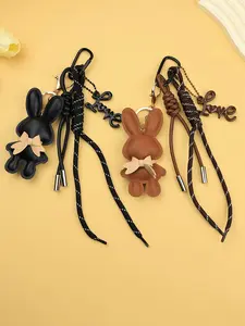 Pu Leather Lucky Rabbit Keychain, Trendy Cute Keychain - Cute Bow Rabbit, Black Cool Style Rabbit Pendant/Brown Gentle Style Pendant And Woven Rope, Gift For Valentine's Day, Easter, Mother's Day, For Keychains, Bags, Mobile Phone Lanyards