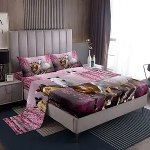Feelyou 3D Cherry Blossom Branches Galloping Horse Bed Sheet Set - Microfiber Soft Breathable Decorative Bedsheet Sets with Elegant Design for Girls, Wild Animal Bedding Linens Collection