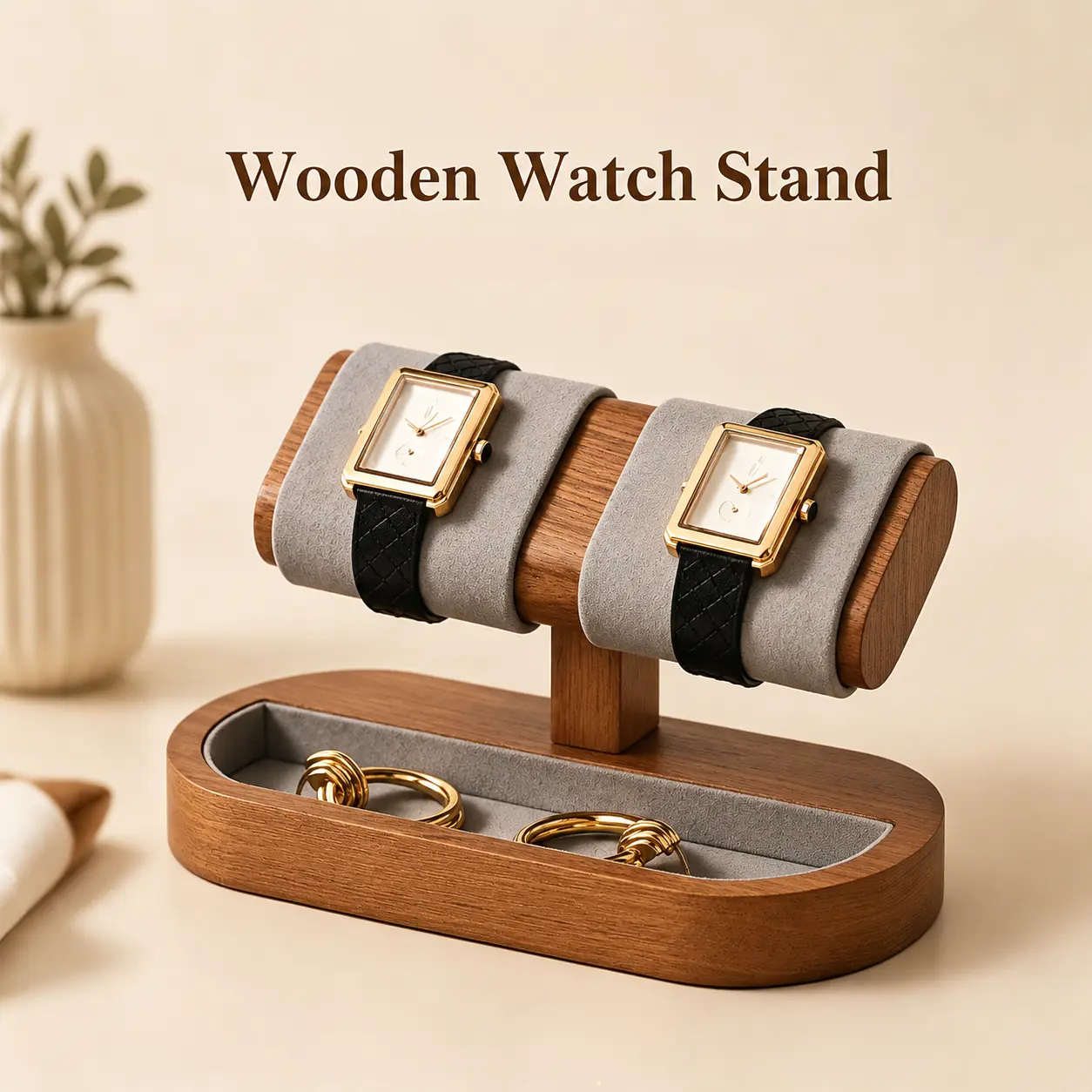 Oirlv Solid Wood & Microfiber Watch Display Stand for Men and Women, Luxury Watch Holder Organizer Tray for Rings, Bracelets, and Earrings, Ideal Gift for Anniversary and Birthday - Natural Wood Finish (Gray)