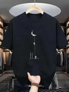 Moon Man Illustration Print Loose Round Neck T-Shirt, Casual Fitted Crop Top, Cartoon Style, Short Sleeve, Daily Wear, Unique Piece