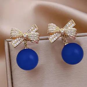 1 Pair Ladies Golden Tone Bow And Pink Bead Dangle Earrings - Lovely Zinc Alloy Accented with Sparkling Rhinestone Accents, Ideal Everyday Accessory Or Valentine'S Day Gift