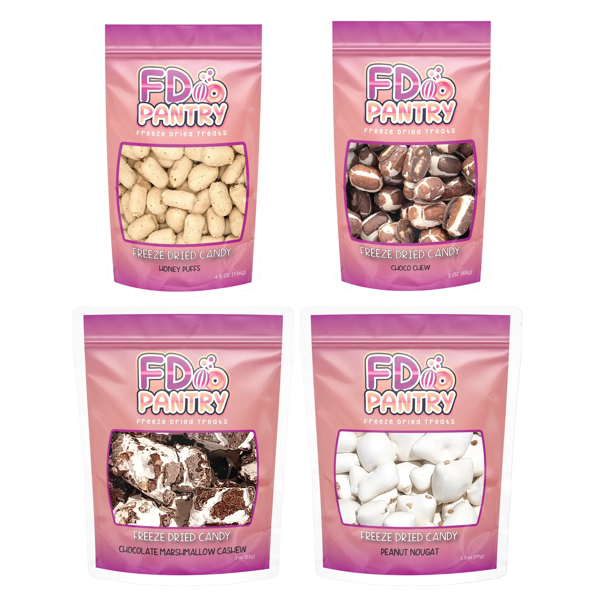 Freeze Dried Candy Chocolate Nougat , Chocolate Chews, Marshmallow, Honey Bit Puffs, Peanut Nougat Snack Flavor Dessert Treat  Gift Bonbon  Vanilla Sweet