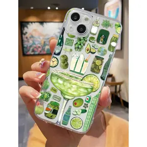 1pc Green Beverage & Fish Collage Pattern Full Coverage Transparent Anti-Fingerprint TPU Phone Case Suitable For IPhone17/IPhone17 Air/IPhone17 Pro/IPhone17 Pro Max/16 Pro Max/15 Pro Max/14 Pro Max/13 Pro Max/12 Pro Max