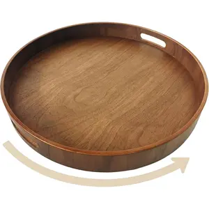 16-inch Wooden Lazy Susan Turntable - Large Decorative Rotating Tray Made of Walnut  with Dual Handles & Silent Bearing for Kitchen Dining Organizer