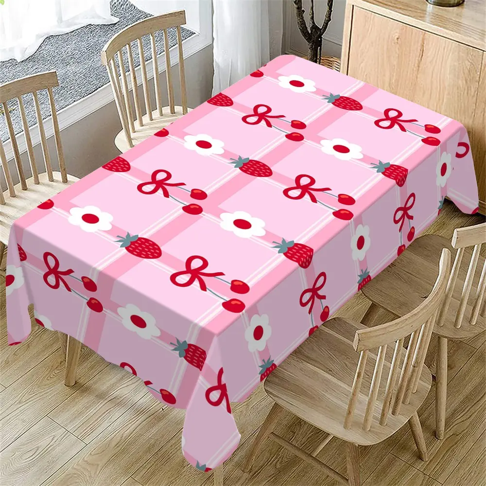 Rectangular Tablecloth with Bow Strawberry Design, Aesthetic, Indoor & Outdoor Use, Kitchen Decor, Easter Mother's Day Wedding Party, Rectangle Tablecloth