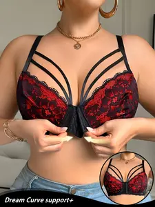Plus Size Front Buckle Sexy Lace Bra, Seamless Push Up Breathable Underwear, Regular Length, Max Support, All Seasons