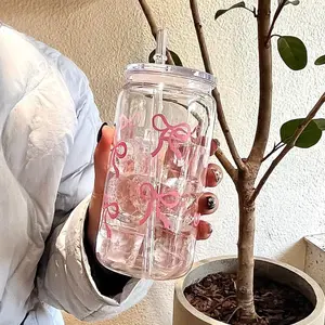 Bow Pattern Water Bottle, 1 Count Water Cup with Lid & Straw, Drinking Cup for Tea, Juice, Milk, Drinkware for Office, Restaurant, Classroom, Picnic, Party, Funny Dad Tumbler