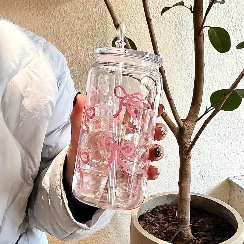 1 piece bow printed water cup with lid and straw, 16 oz canned water cup, ice coffee cup, suitable for tea, juice, milk, birthday gift, suitable for office, restaurant, classroom, picnic, party, Valentine's Day and New Year, Tumbler