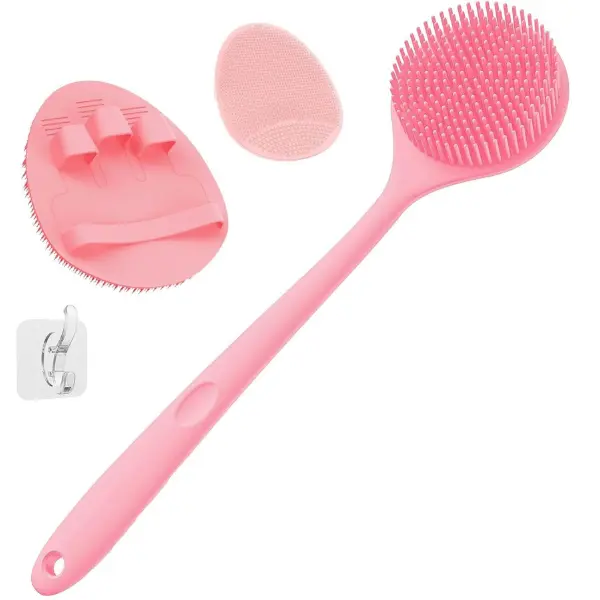 Silicone Back Scrubber & Bath Glove & Face Brush Set (3PCS) - Exfoliating Body Scrubber, Shower Brush & Face Scrubber with Free Hook