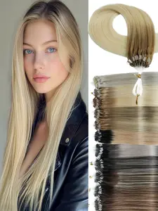 Ombre Highlights Ash Blonde Human Hair Extensions, 50 Strands Pack, Micro Ring Volume, DIY Hair Add-, Heat Styling