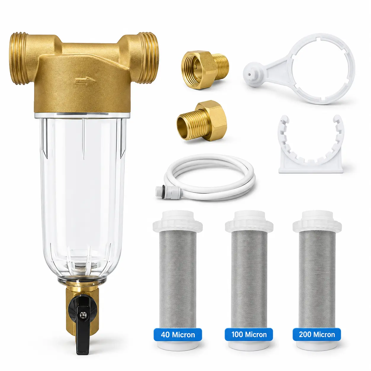 Heliwoo High Quality Inline Brass Body Reusable Spin Down Sediment Pre-Filter Filtration System, 40/100/200 Micron Whole House Backwash Water Filter, 1" MNPT & 3/4" FNPT/MNPT Connections for City & Well Water
